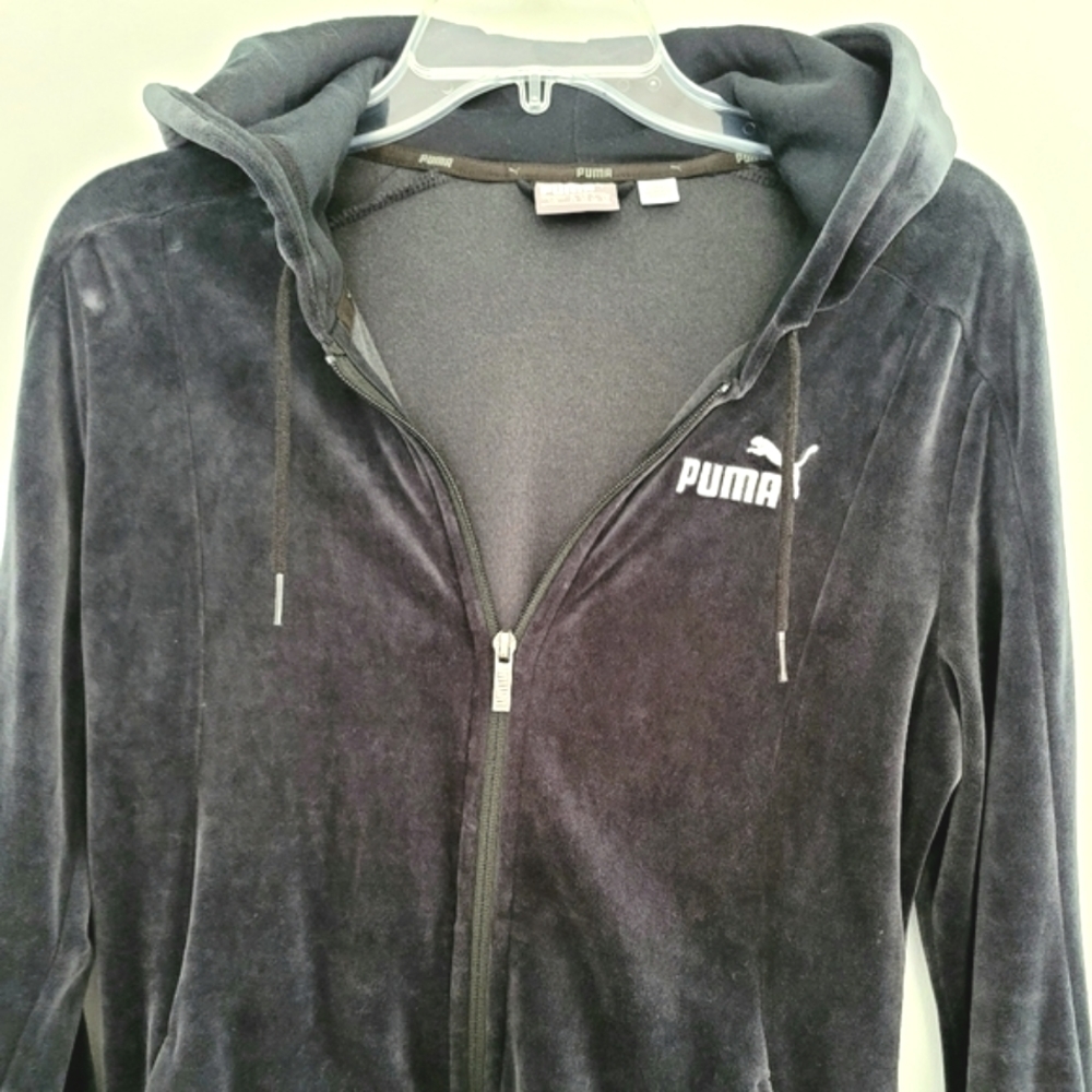 Puma Black Velour Full Zip Embroidered Logo Hoodie Jacket Size L